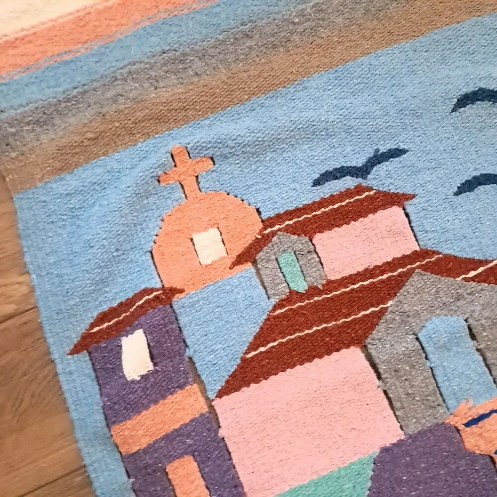 Vintage Mexican Pastel Houses church Wall Hanging decor Tapestry southwest woven